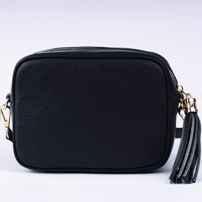 Geanta crossbody bleumarin inchis din piele naturala, cu ciucure din piele [2]