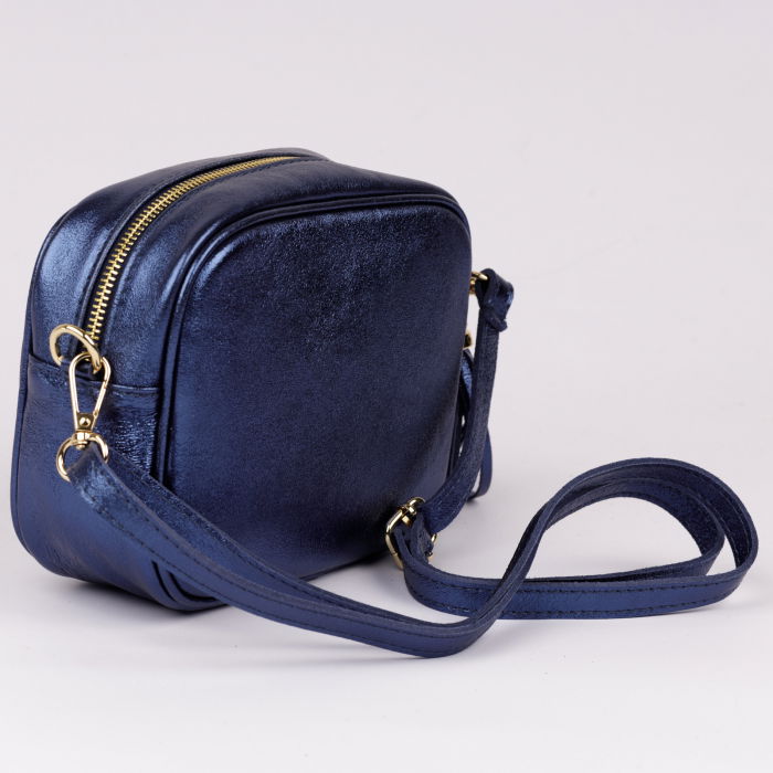 Geanta crossbody albastru metalizat din piele naturala, cu ciucure din piele [2]
