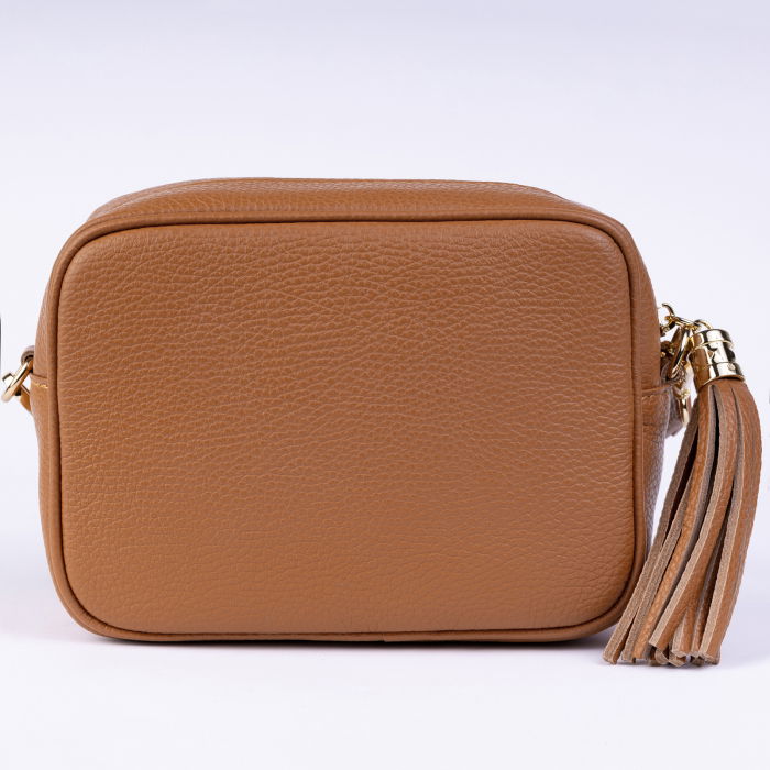 Geanta crossbody camel din piele naturala, cu ciucure din piele [3]