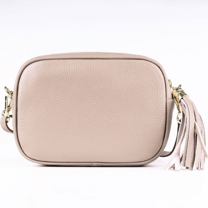 Geanta crossbody bej din piele naturala, cu ciucure din piele [3]