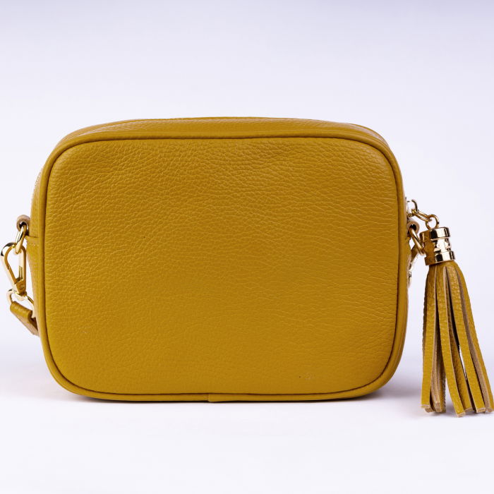 Geanta crossbody galben mustar din piele naturala, cu ciucure din piele [3]