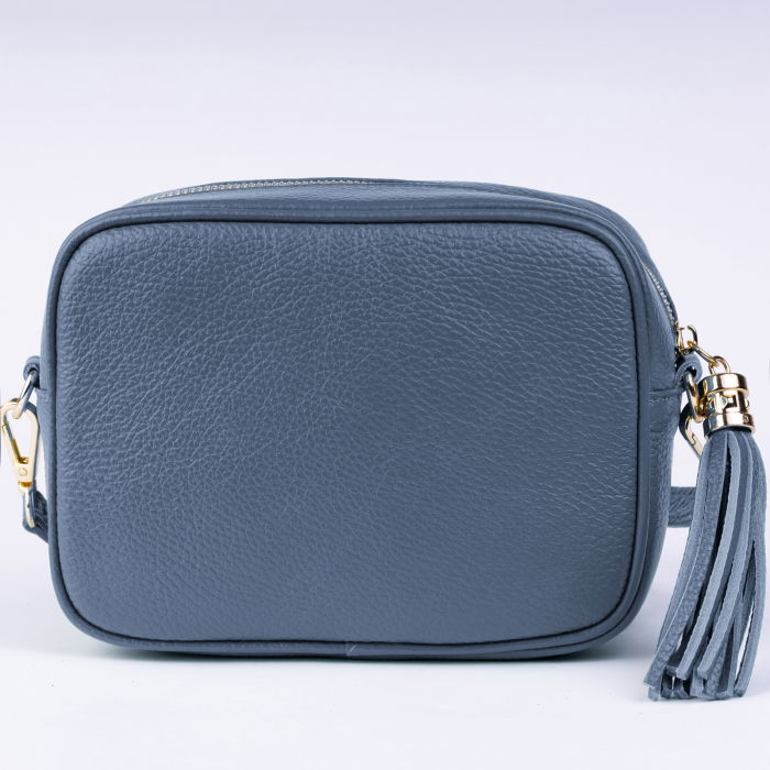 Geanta crossbody albastru jeans din piele naturala, cu ciucure din piele [2]