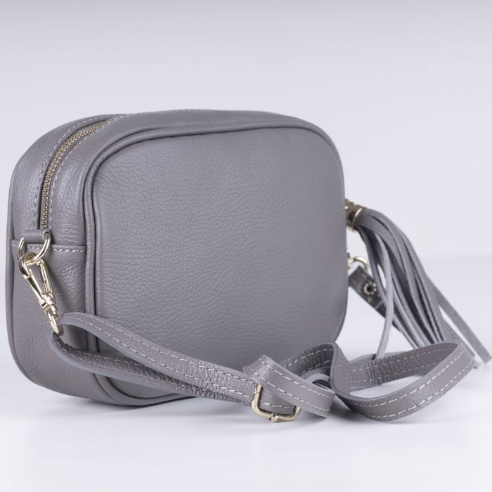 Geanta crossbody gri din piele naturala, cu ciucure din piele [2]