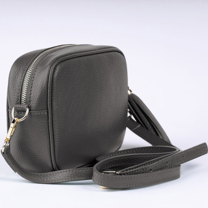 Geanta crossbody gri inchis din piele naturala, cu ciucure din piele [3]