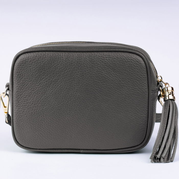 Geanta crossbody gri inchis din piele naturala, cu ciucure din piele [2]