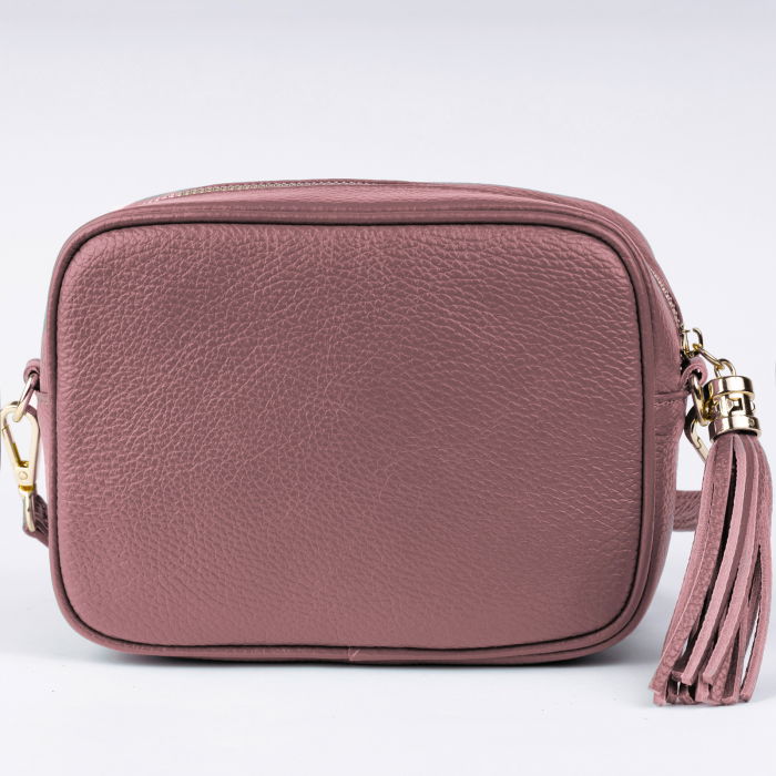 Geanta crossbody roz inchis din piele naturala, cu ciucure din piele [3]