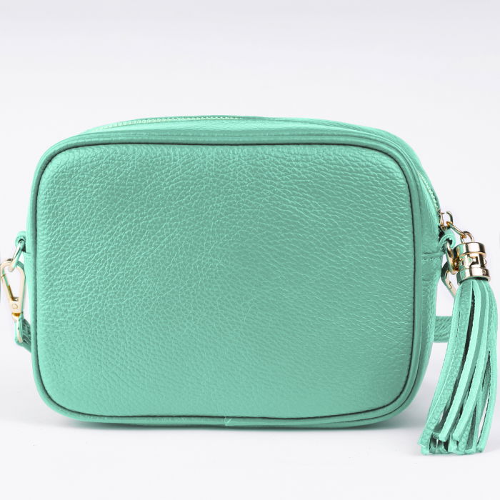 Geanta crossbody verde menta din piele naturala, cu ciucure din piele [2]