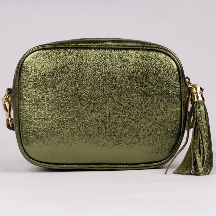 Geanta crossbody  verde metalizat din piele naturala, cu ciucure din piele [3]