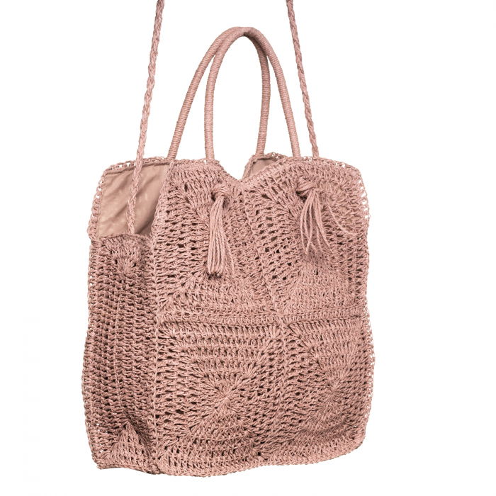 Geanta crossbody patrata mare, impletita cu noduri decorative, roz prafuit [2]