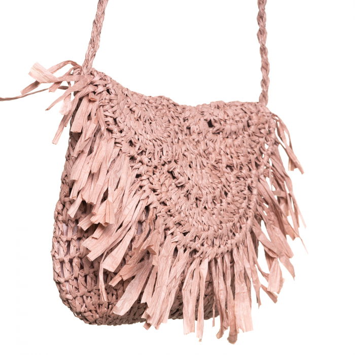 Geanta crossbody mica impletita cu franjuri decorativi pe capac, roz prafuit [2]