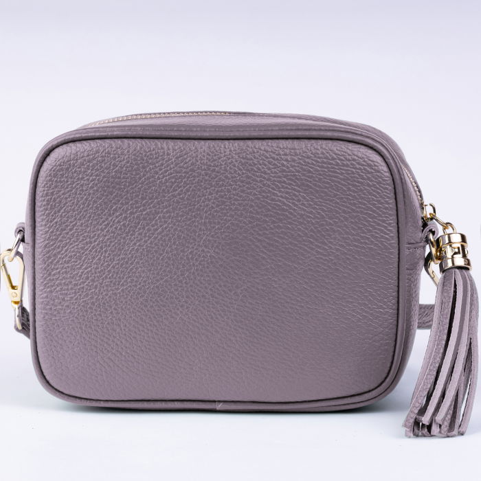 Geanta crossbody mov lavanda deschis din piele naturala, cu ciucure din piele [2]
