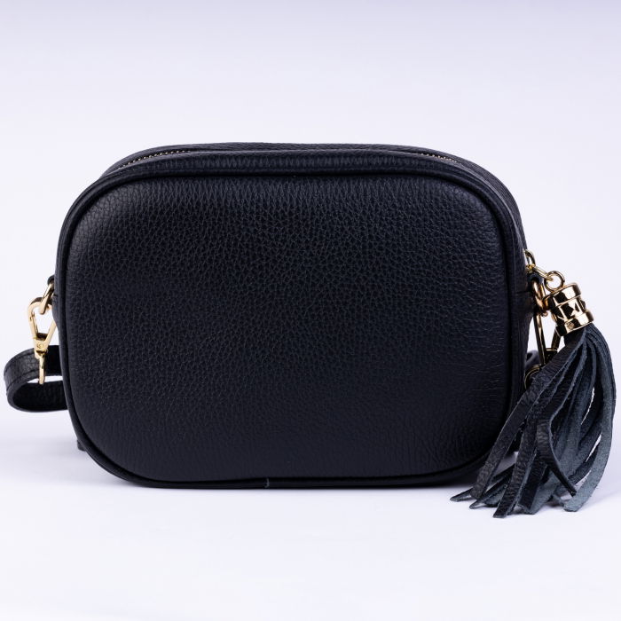 Geanta crossbody neagra din piele naturala, cu ciucure din piele [3]