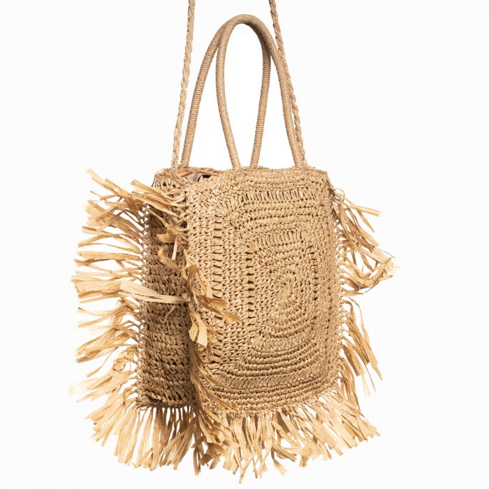 Geanta crossbody patrata mare, impletita cu franjuri mari decorative, bej inchis [2]