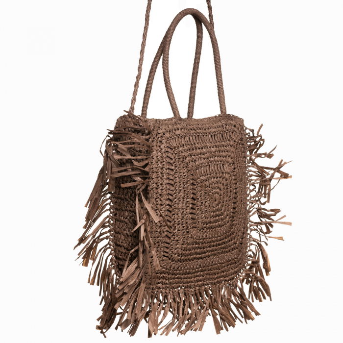 Geanta crossbody patrata mare, impletita cu franjuri mari decorative, maro [2]