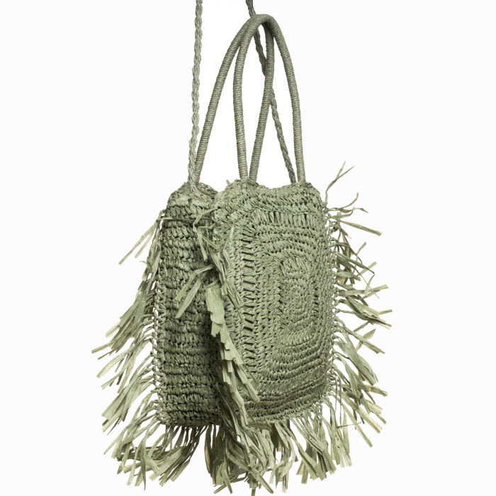 Geanta crossbody patrata mare, impletita cu franjuri mari decorative, verde prafuit [2]
