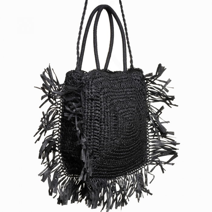 Geanta crossbody patrata mare, impletita cu franjuri mari decorative, neagra [2]