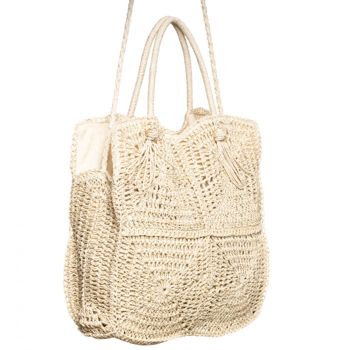 Geanta crossbody patrata mare, impletita cu noduri decorative, bej deschis [2]