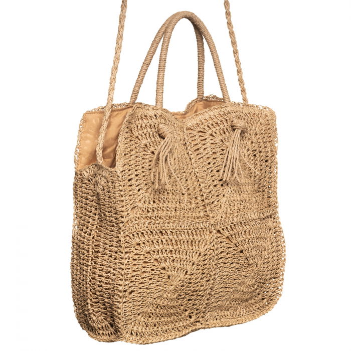 Geanta crossbody patrata mare, impletita cu noduri decorative, bej inchis [2]