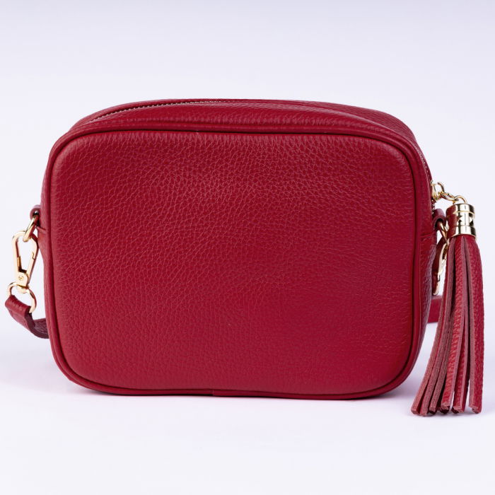 Geanta crossbody rosu inchis din piele naturala, cu ciucure din piele [3]