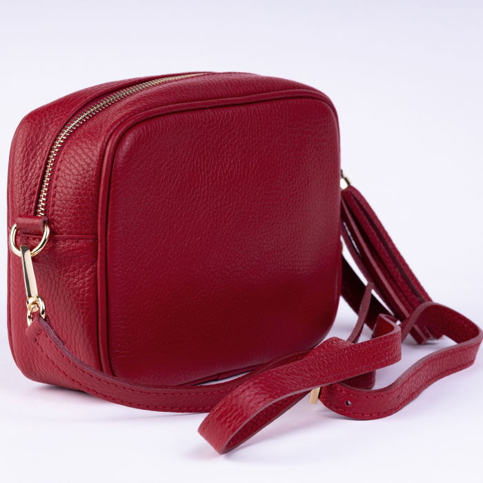 Geanta crossbody rosu inchis din piele naturala, cu ciucure din piele [2]