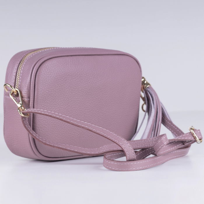 Geanta crossbody roz prafuit din piele naturala, cu ciucure din piele [2]