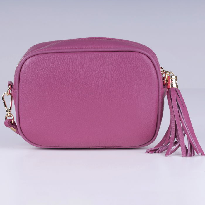 Geanta crossbody roz din piele naturala, cu ciucure din piele [3]