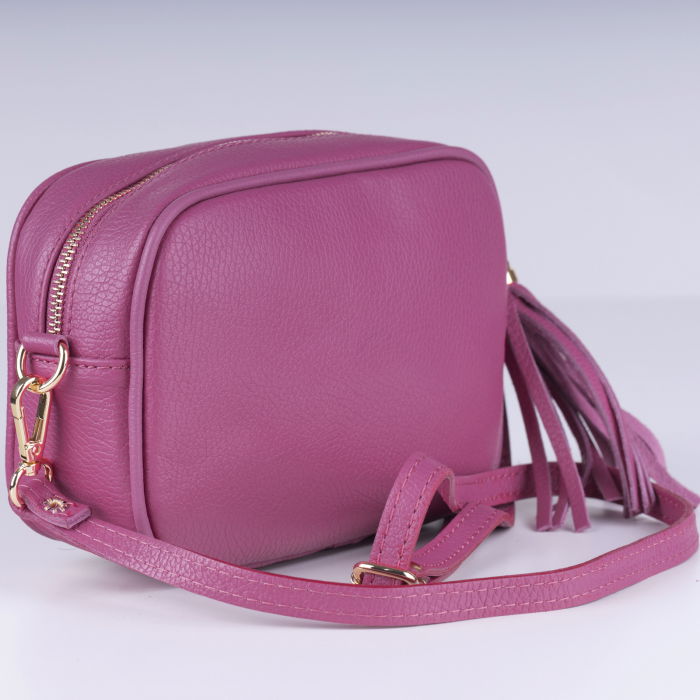 Geanta crossbody roz din piele naturala, cu ciucure din piele [2]