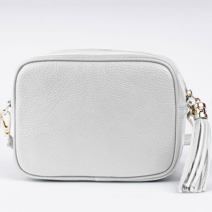 Geanta crossbody alba din piele naturala, cu ciucure din piele [2]