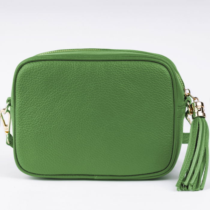 Geanta crossbody verde oliv din piele naturala, cu ciucure din piele [2]