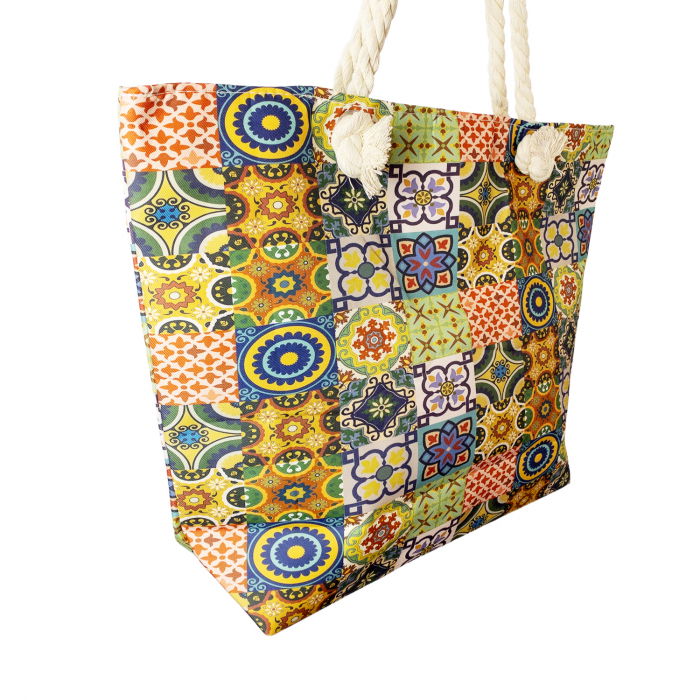 Geanta de plaja din material textil, cu imprimeu model marocan in culori vibrante [2]
