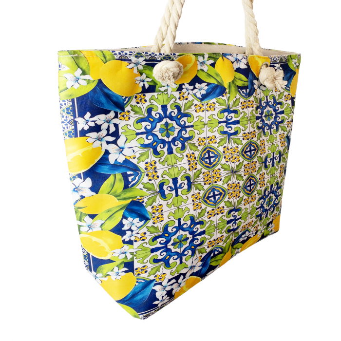 Geanta de plaja din material textil, cu model mediteranean cu lamai pe alb, verde si albastru [2]