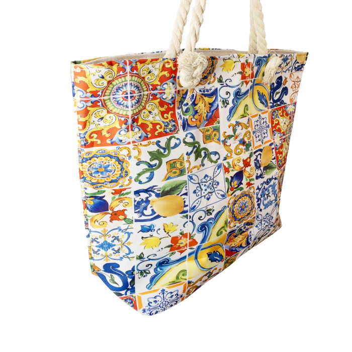 Geanta de plaja din material textil, cu imprimeu model marocan cu lamai in culori vibrante [2]