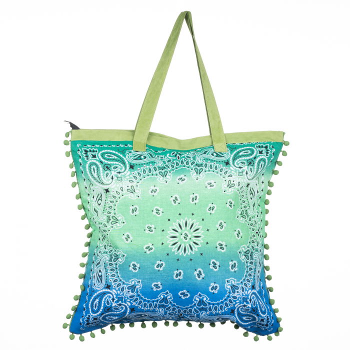 Geanta patrata de plaja din material textil, cu ciucuri pe trei laturi si degrade verde cu albastru [2]