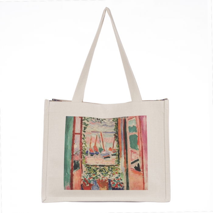 Geanta de umar din material textil cu imprimeu inspirat dintr-o pictura cu o privire prin fereastra catre barci [2]