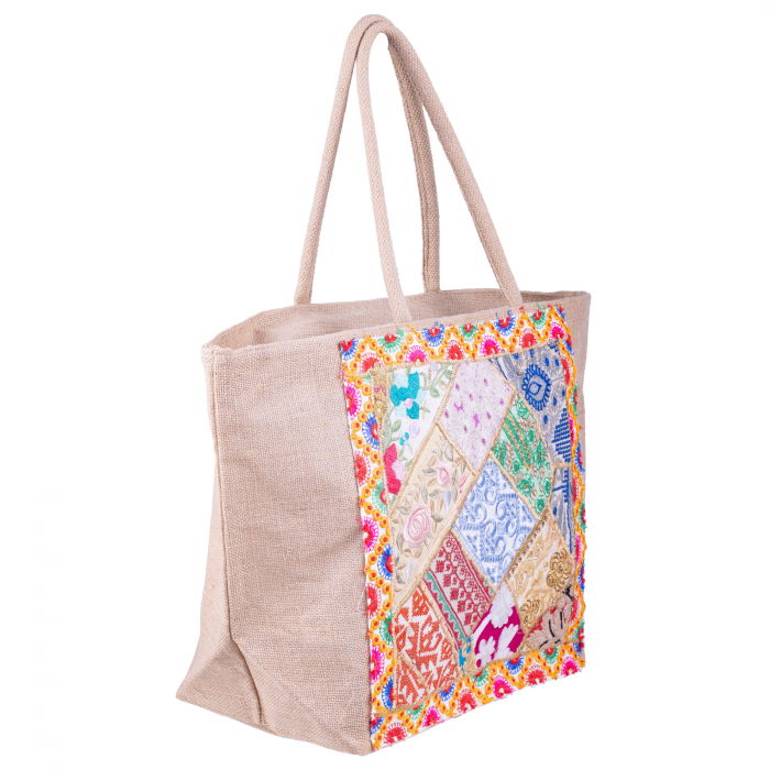 Geanta bej din material textil natural tip sac, cu aplicatie unicat, brodata manual [2]