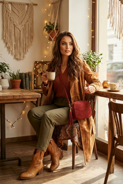 Geanta din piele intoarsa cu franjuri, model crossbody, bordo [3]