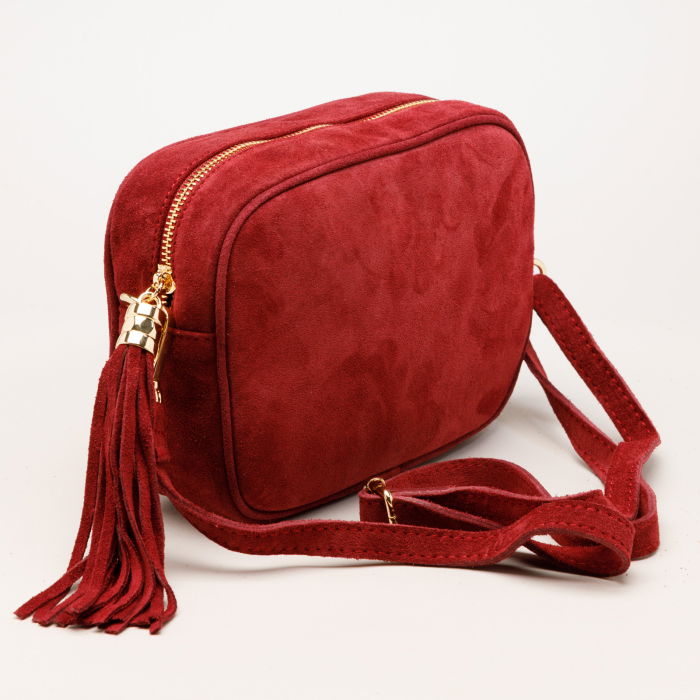Geanta din piele intoarsa cu franjuri, model crossbody, bordo [2]