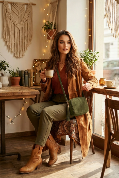 Geanta din piele intoarsa cu franjuri, model crossbody, kaki [3]