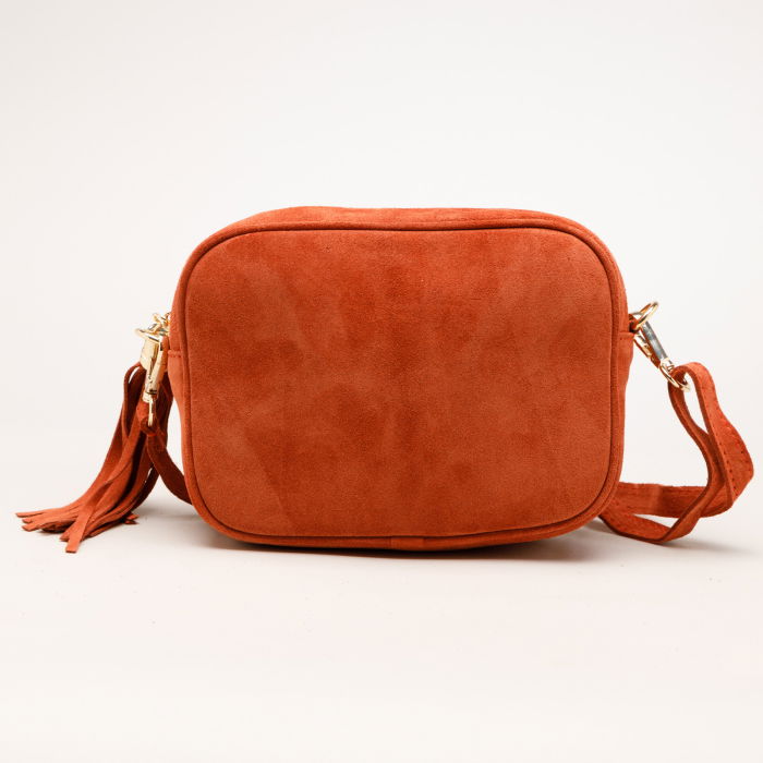 Geanta din piele intoarsa cu franjuri, model crossbody, caramizie [3]