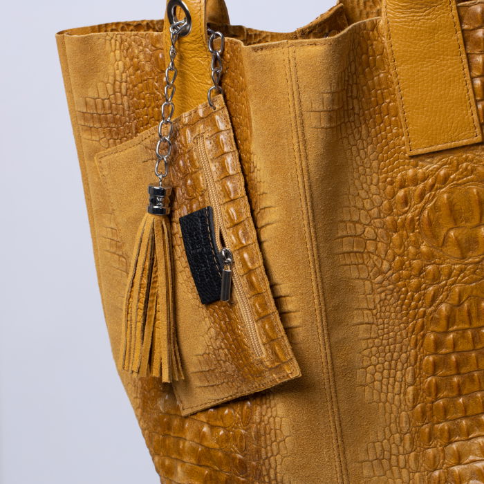 Geanta shopper din piele intoarsa naturala, galben mustar [3]