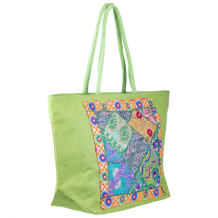 Geanta verde din material textil natural tip sac, cu aplicatie unicat, brodata manual [2]