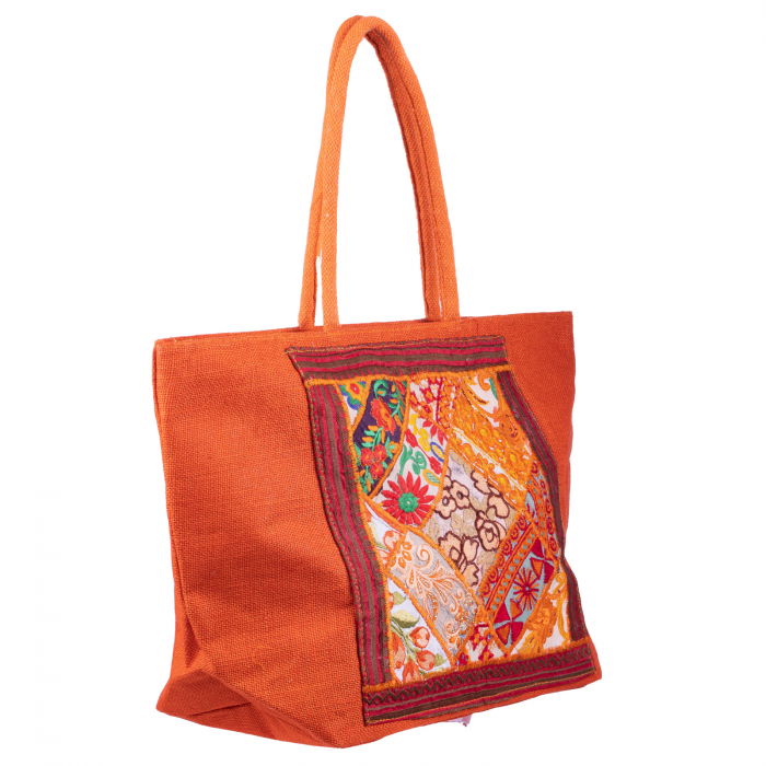 Geanta portocalie din material textil natural tip sac, cu aplicatie unicat, brodata manual [2]