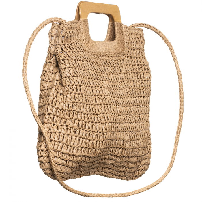 Geanta impletita crossbody, cu manere late din lemn, bej inchis [2]