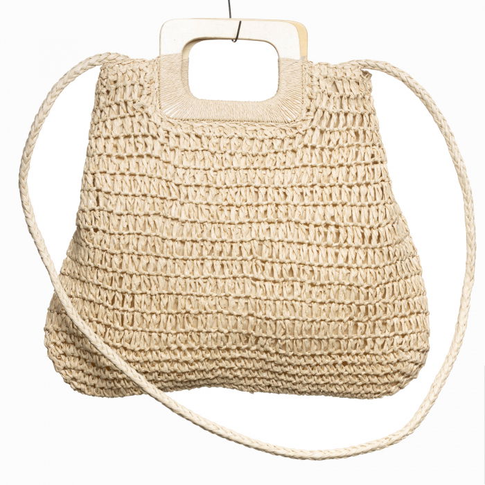Geanta impletita crossbody, cu manere late din lemn, bej deschis