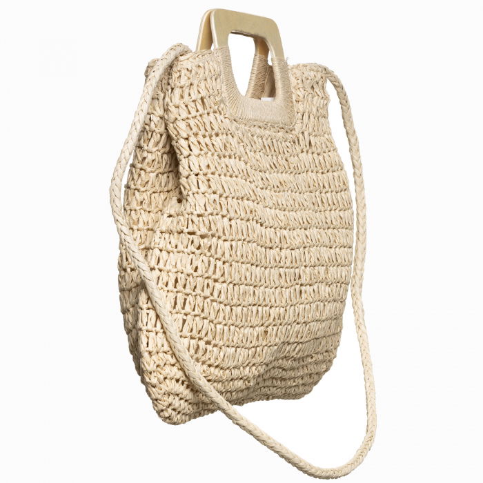 Geanta impletita crossbody, cu manere late din lemn, bej deschis [2]