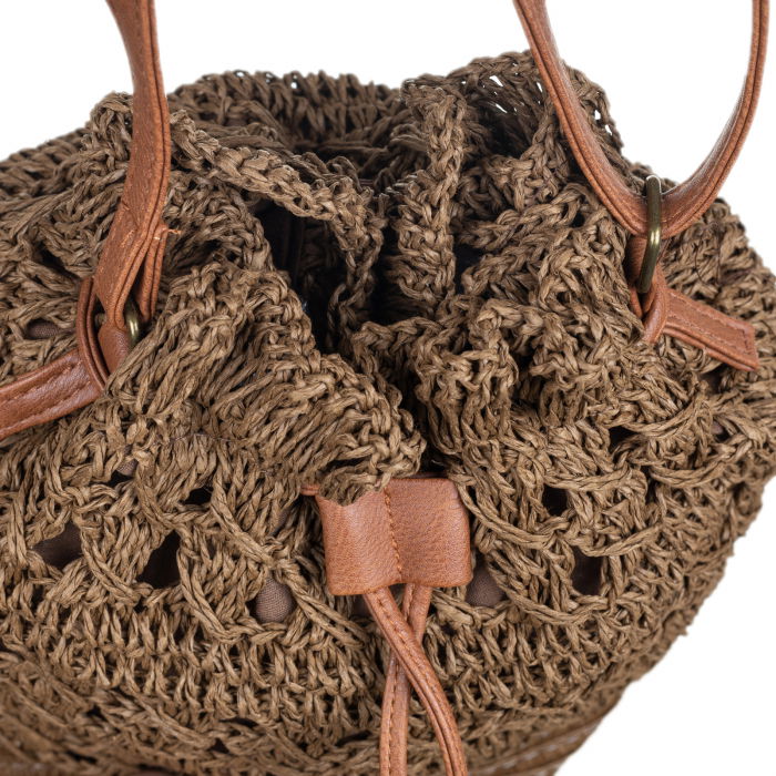 Geanta impletita stil saculet cu fund circular, maron [3]