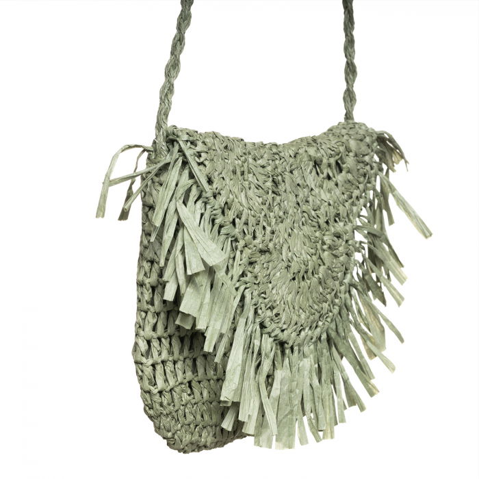 Geanta crossbody mica impletita cu franjuri decorativi pe capac, verde prafuit [2]