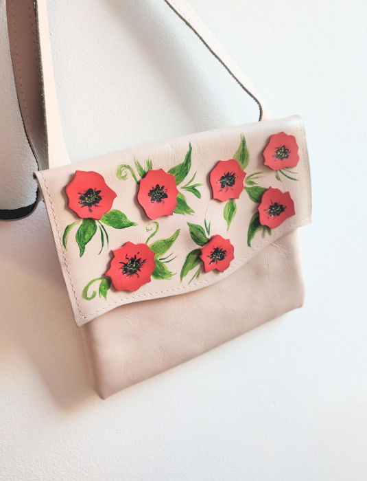 Geanta  nude  din piele naturala ,cu maci pictați manual [3]