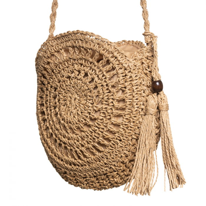 Geanta mica impletita crossbody, circulara cu ciucure decorativ, bej inchis [2]