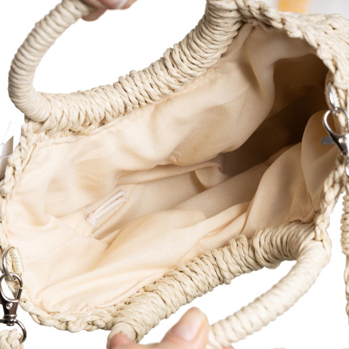 Geanta mica impletita crossbody, circulara cu manere rotunde, roz prafuit [3]